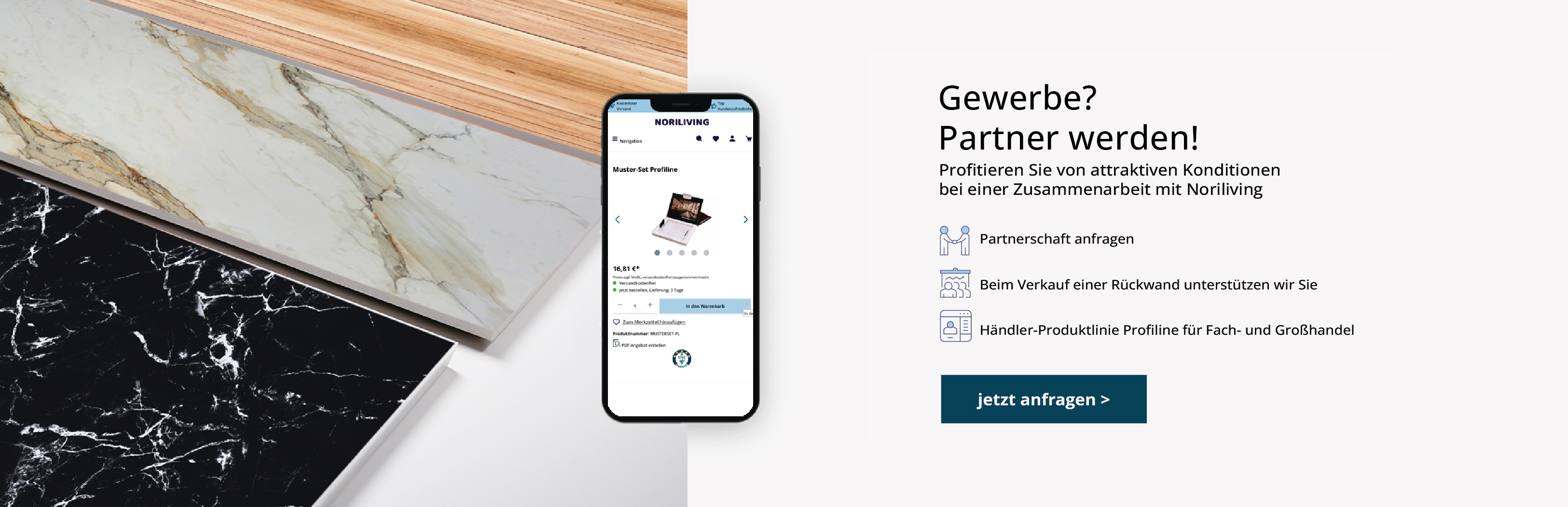 Darstellung von Noriliving mit dem Titel 'Gewerbe? Partner werden!' und einem Mobiltelefon, das die Rückwand-Muster im Online-Shop zeigt.